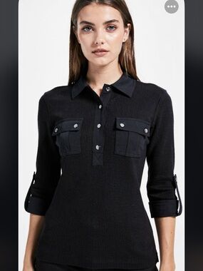 Guess Black Ribbed Snap-Front Top
